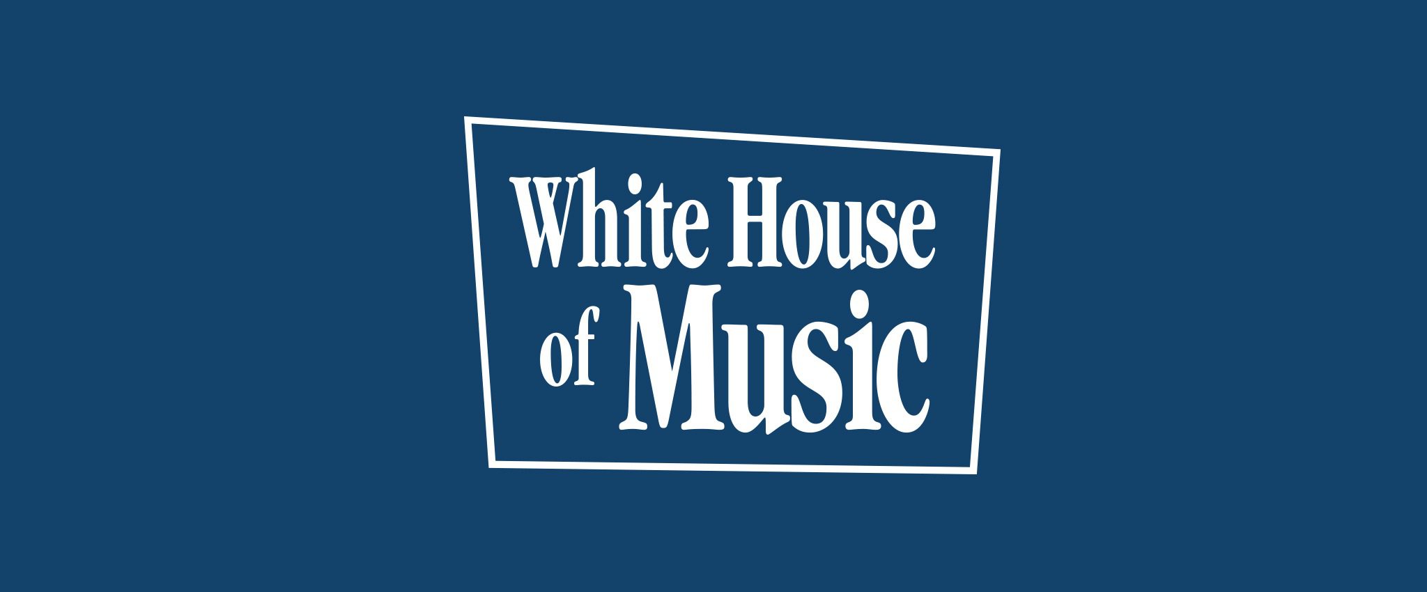 White-House-Stacked-Logo-White-WEB White House of Music stacked logo, white with blue background
